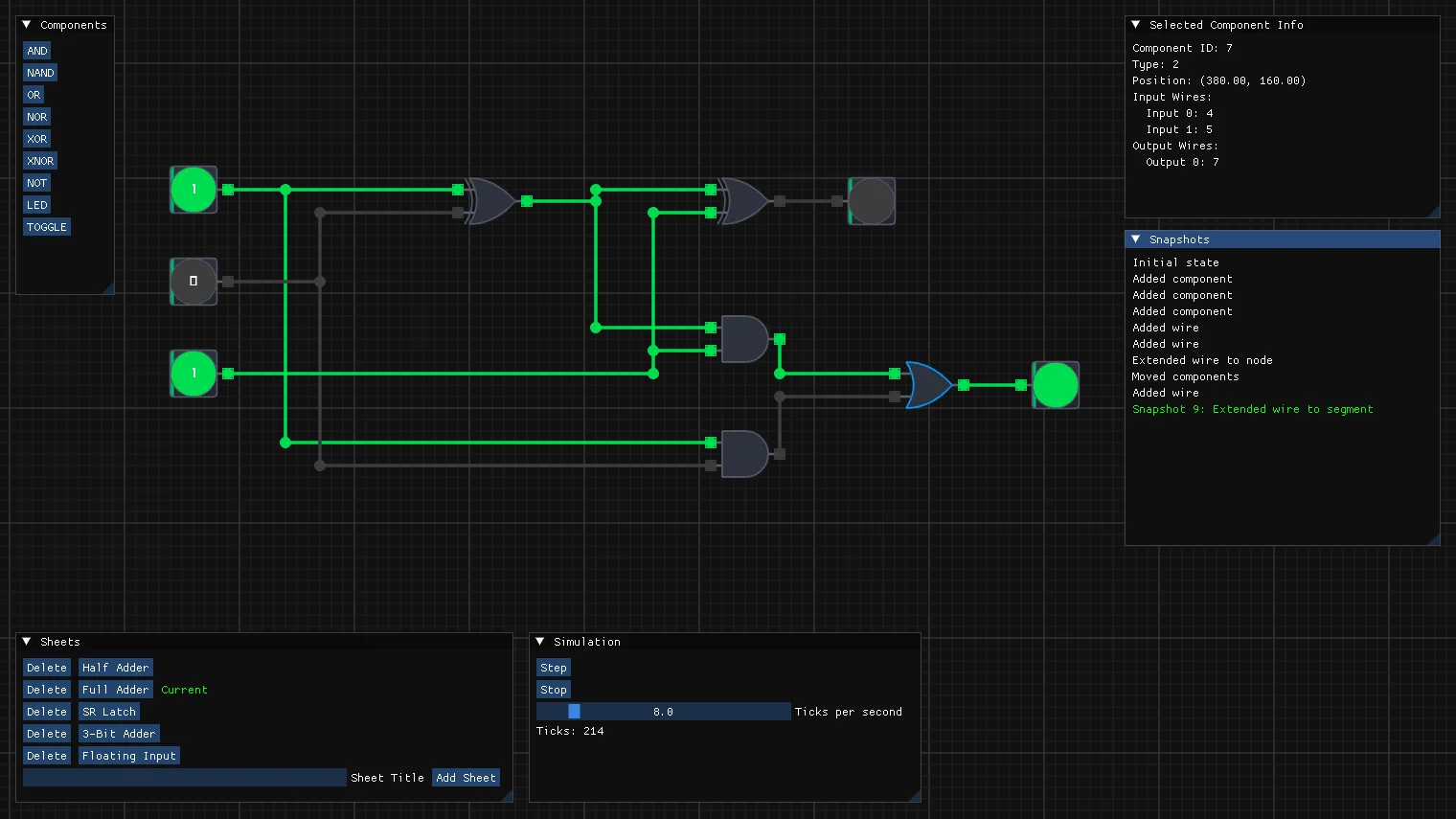 Latch desktop app showing a full adder circuit built from XOR and AND gates, with the component palette, sheets and simulation panels